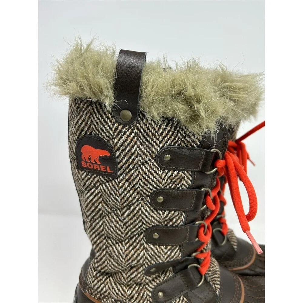 Sorel Tofino Snow Boots Womens Brown Herringbone Lace Up Faux Fur Winter 10